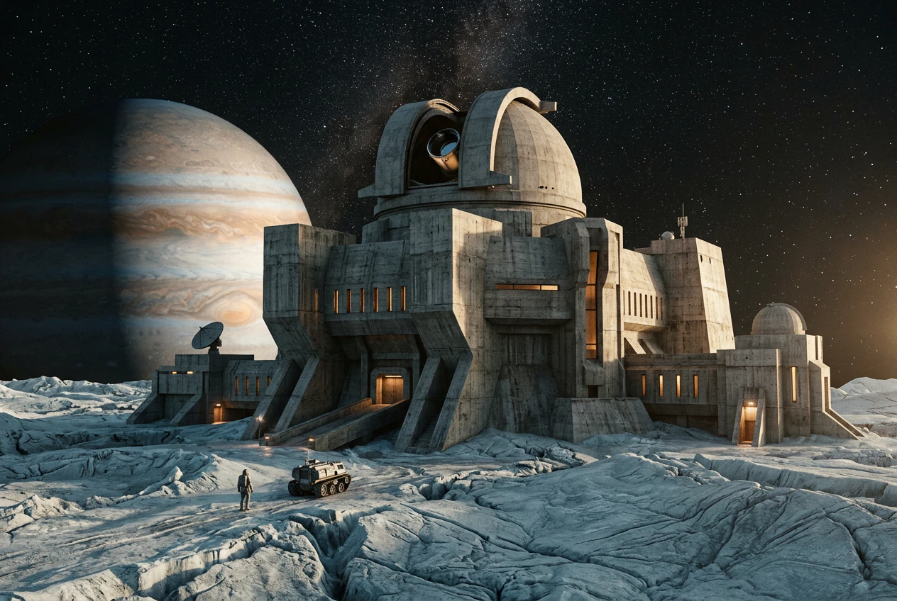 A brutalist astronomical observatory on the icy surface of Europa, generated by Unexposed