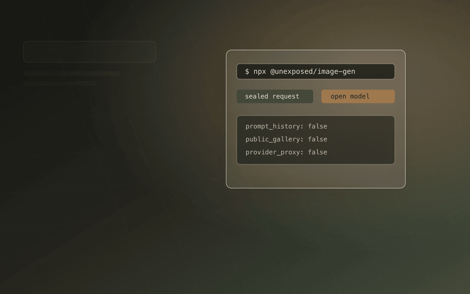 Abstract terminal interface showing sealed request, open model, no prompt history, no public gallery, and no provider proxy.